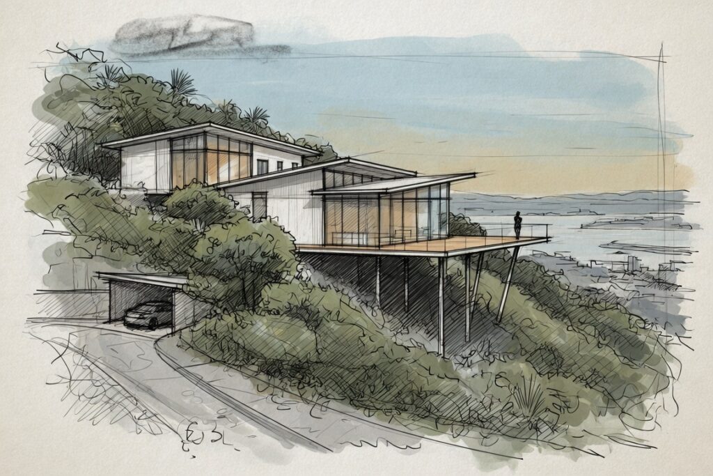 Building on a sloping section in Auckland? How the slope drives your foundations, split-level design, consent and budget - a design-led guide from Sonder.