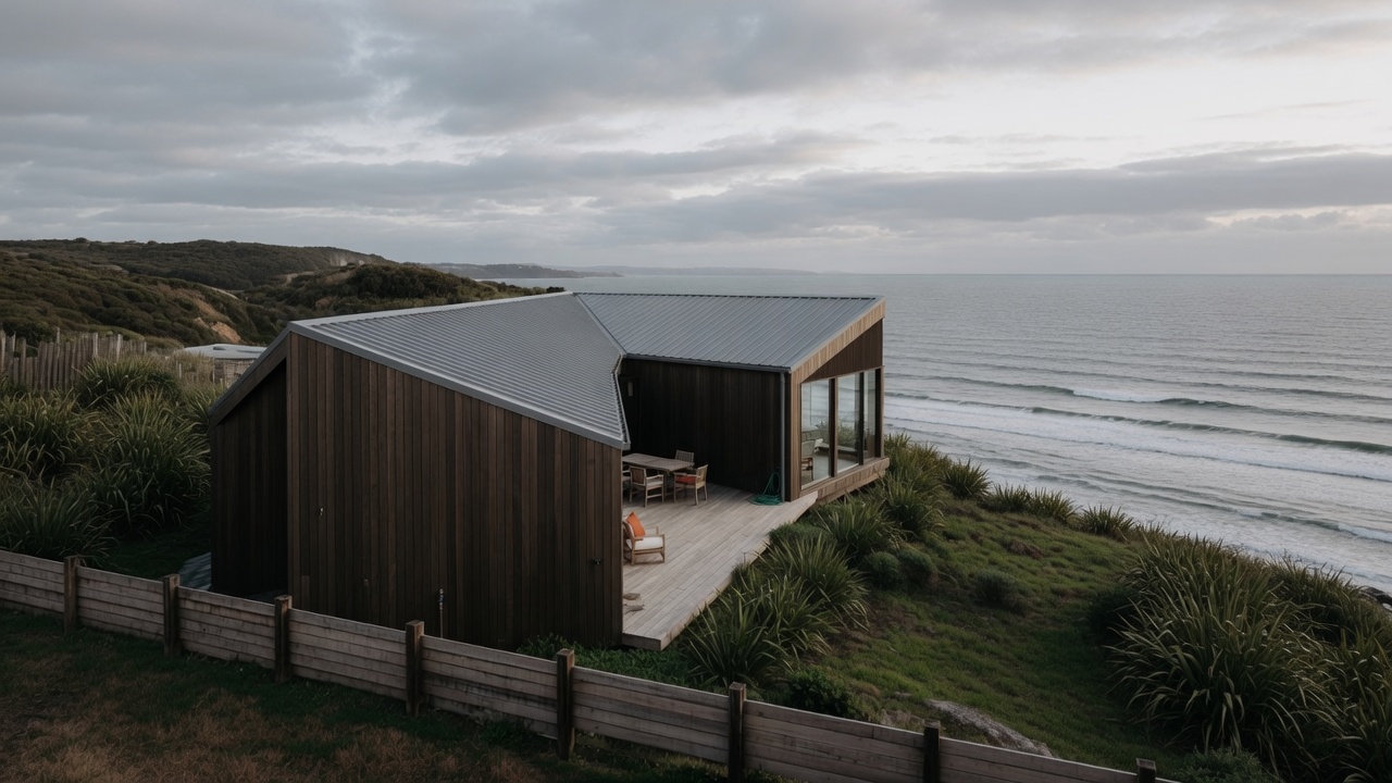 Auckland coastal home oriented to capture sea views while sheltering outdoor living from prevailing wind