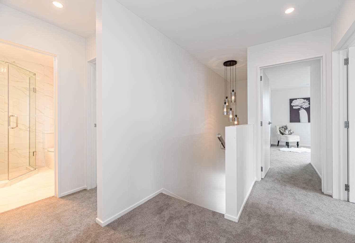 Upstairs landing looking past a glazed shower into a bedroom, Blockhouse Bay