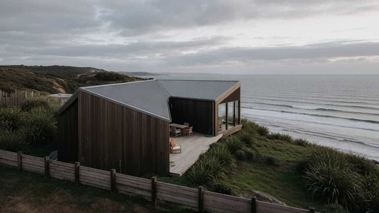 Timber-clad house on a coastal headland with a sheltered deck between two wings facing the sea