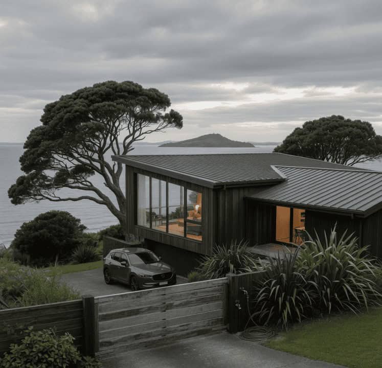 Dark-clad coastal home with pohutukawa trees, a driveway and an island view across the water