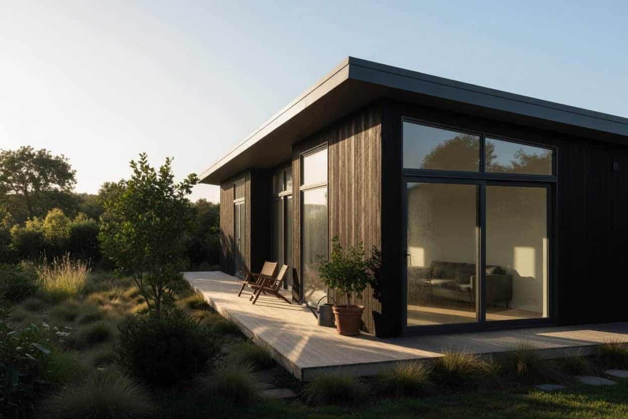 Dark-clad contemporary coastal house with a timber deck and full-height glazing in low sun