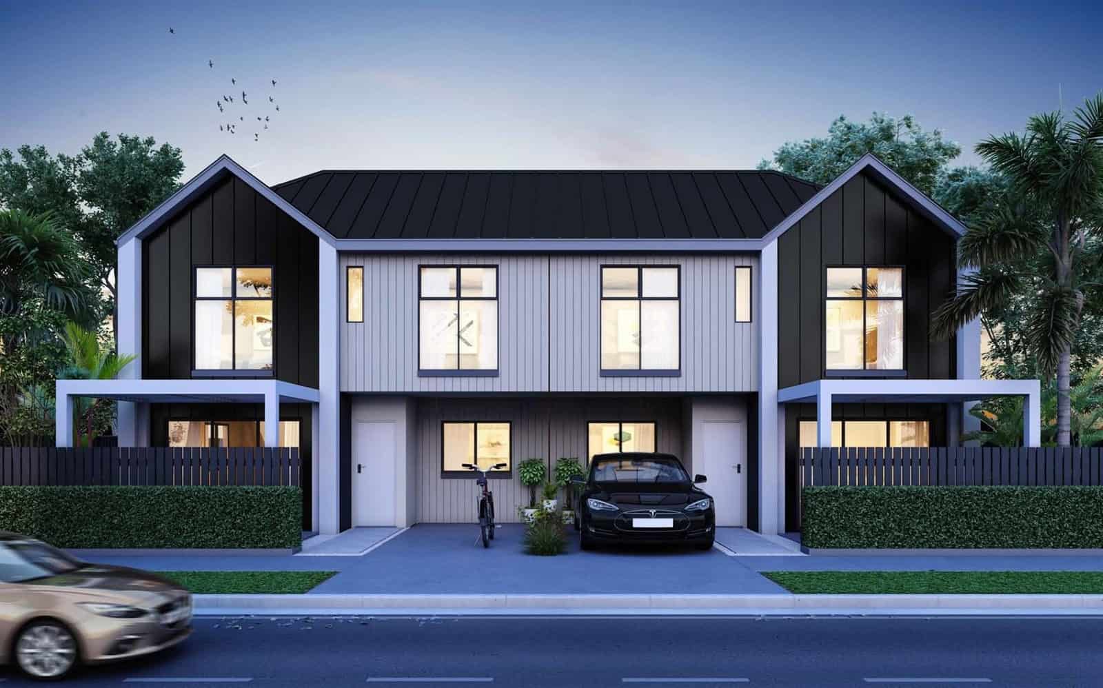 Design render of attached terraced houses with gabled roofs lit at dusk, Hamilton