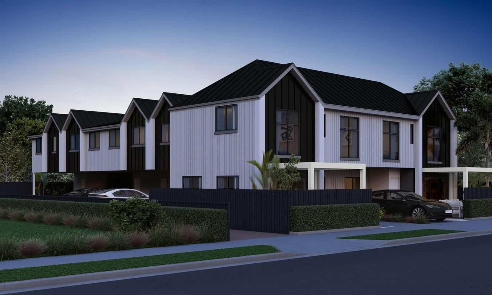 Design render of a terrace row seen from the street corner, Hamilton