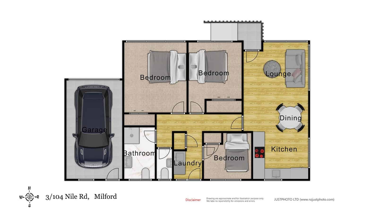 Floor plan of the unit showing the garage, three bedrooms, bathroom, laundry, kitchen, dining and lounge, Milford
