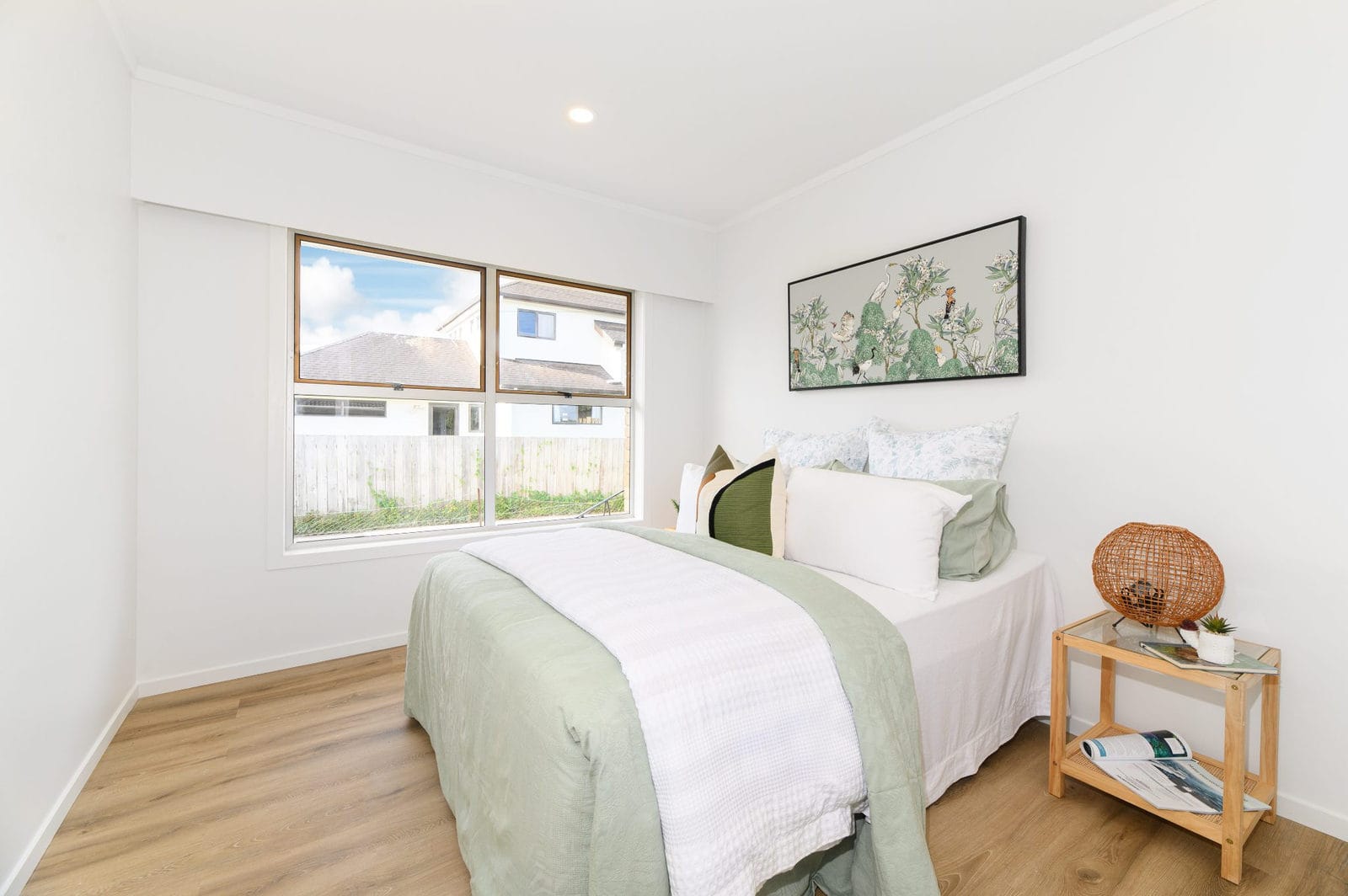 Bedroom with a corner window and timber-look flooring, Milford