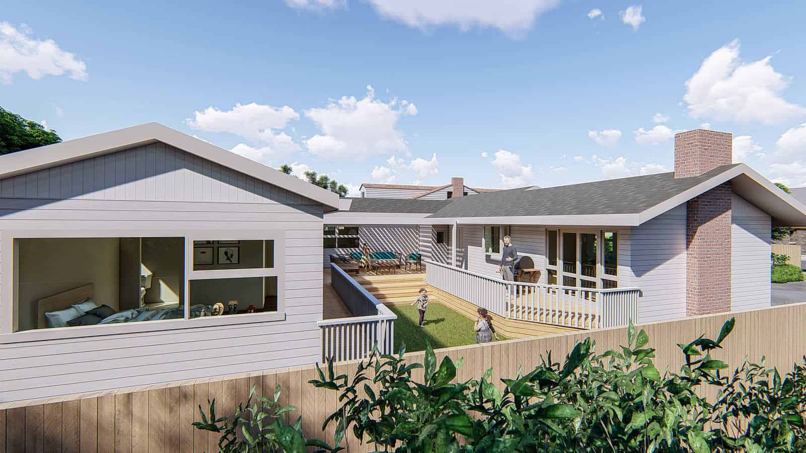 Design render of a bungalow extension with a new gabled wing alongside the original house, Mt Roskill