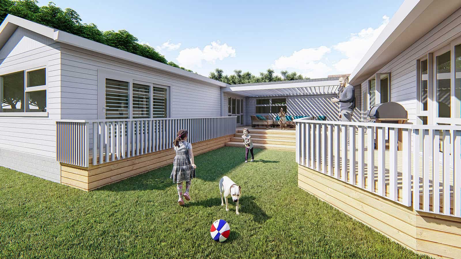 Design render of the deck and lawn between the existing bungalow and the new wing, Mt Roskill