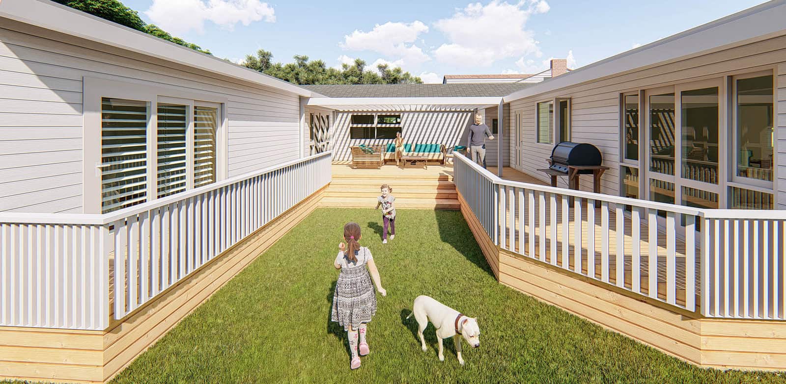 Design render looking along the raised deck that links the two wings, Mt Roskill