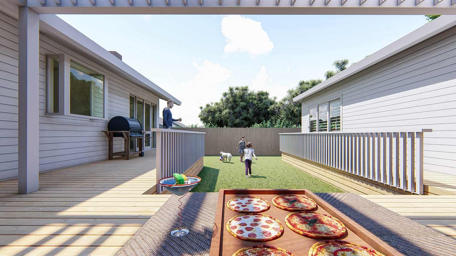 Design render of the deck and barbecue area facing the lawn, Mt Roskill