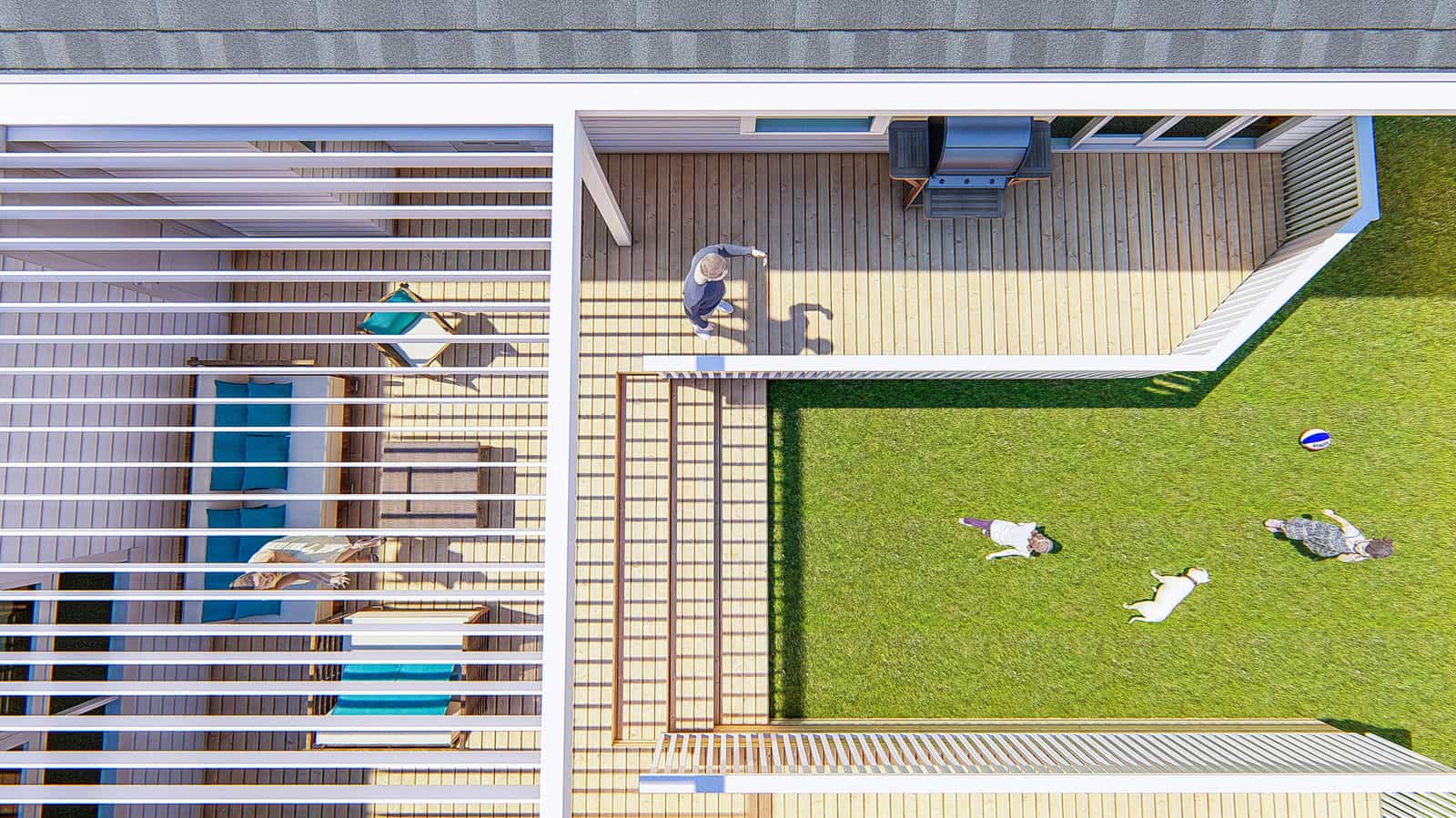 Aerial design render of the deck, lawn and pergola between the two wings, Mt Roskill
