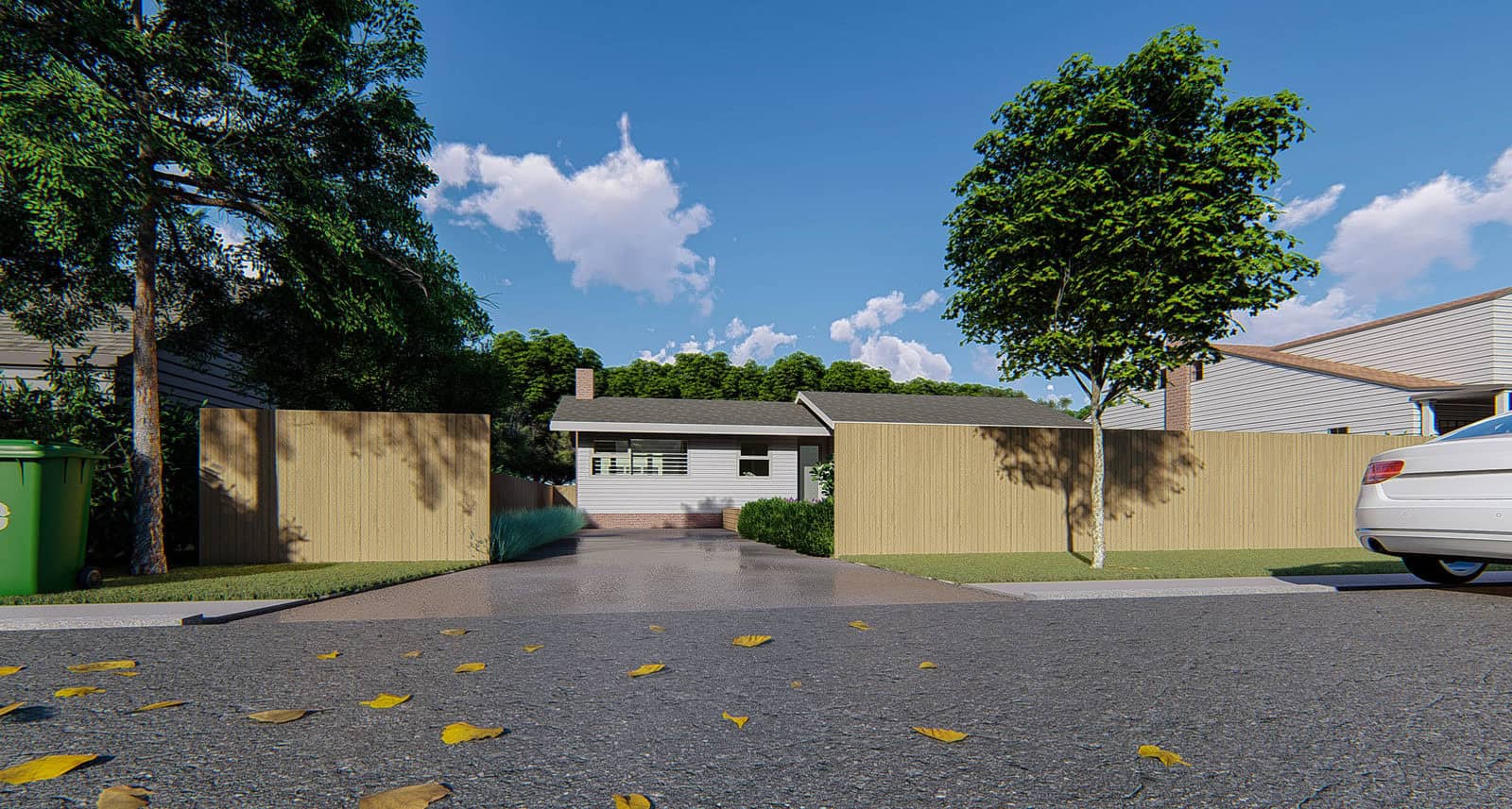 Design render of the street frontage with the driveway and boundary fence, Mt Roskill