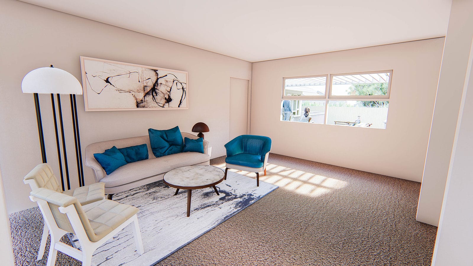 Design render of a living room with teal armchairs and a high window, Mt Roskill