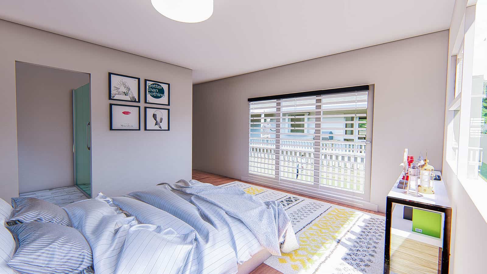 Design render of a bedroom with a sliding door onto the deck, Mt Roskill
