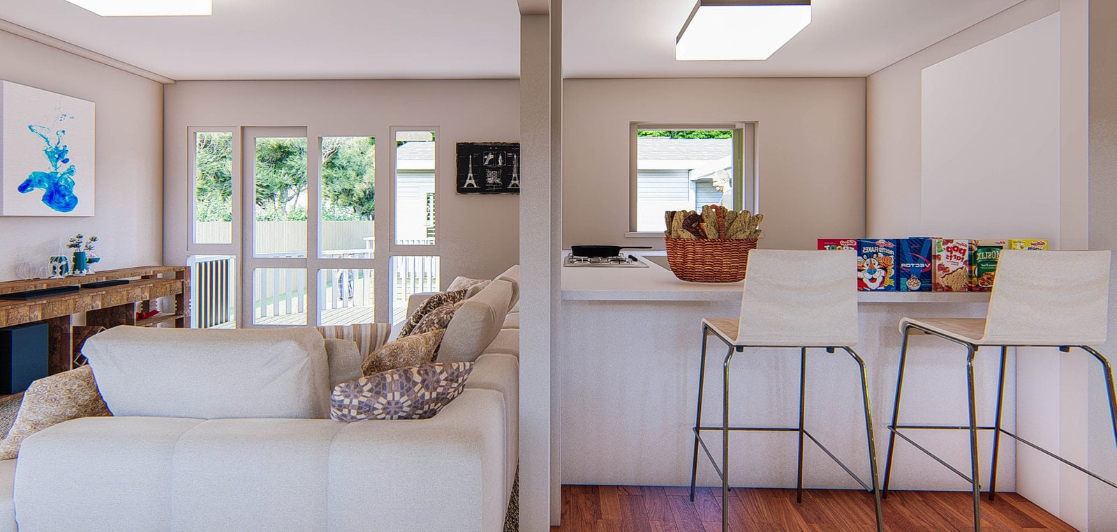 Design render of the living area looking through to the kitchen island, Mt Roskill