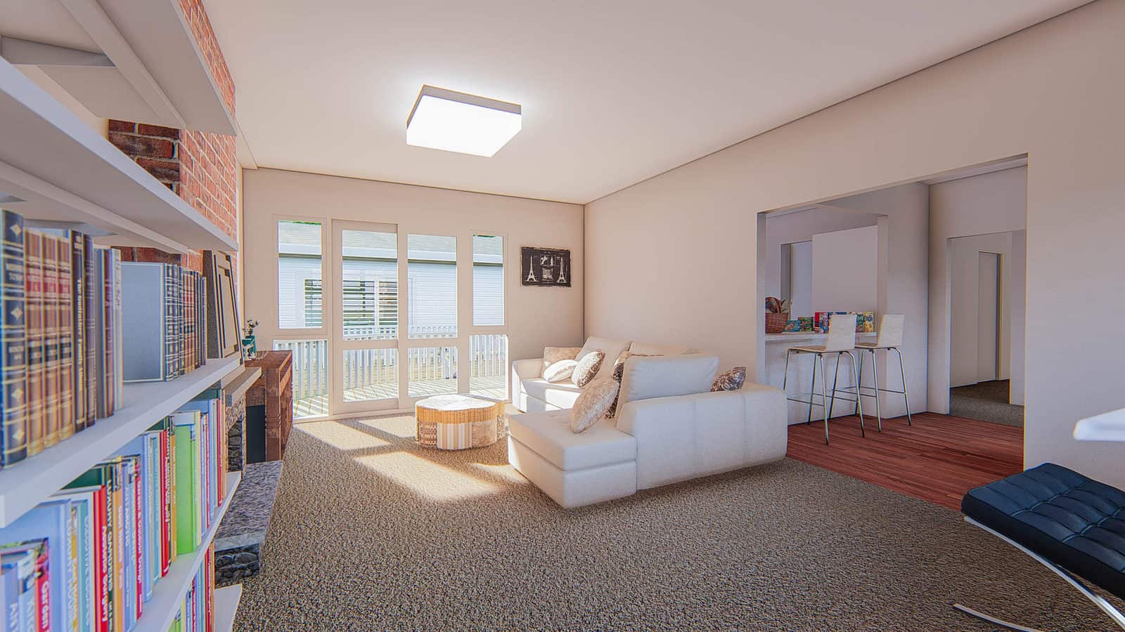 Design render of the living room with built-in bookshelves and the kitchen beyond, Mt Roskill