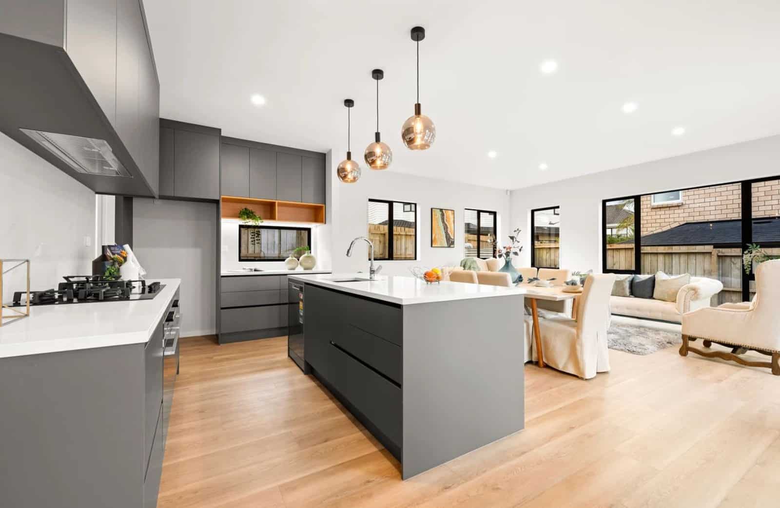 Kitchen looking across the island to the living area, New Lynn