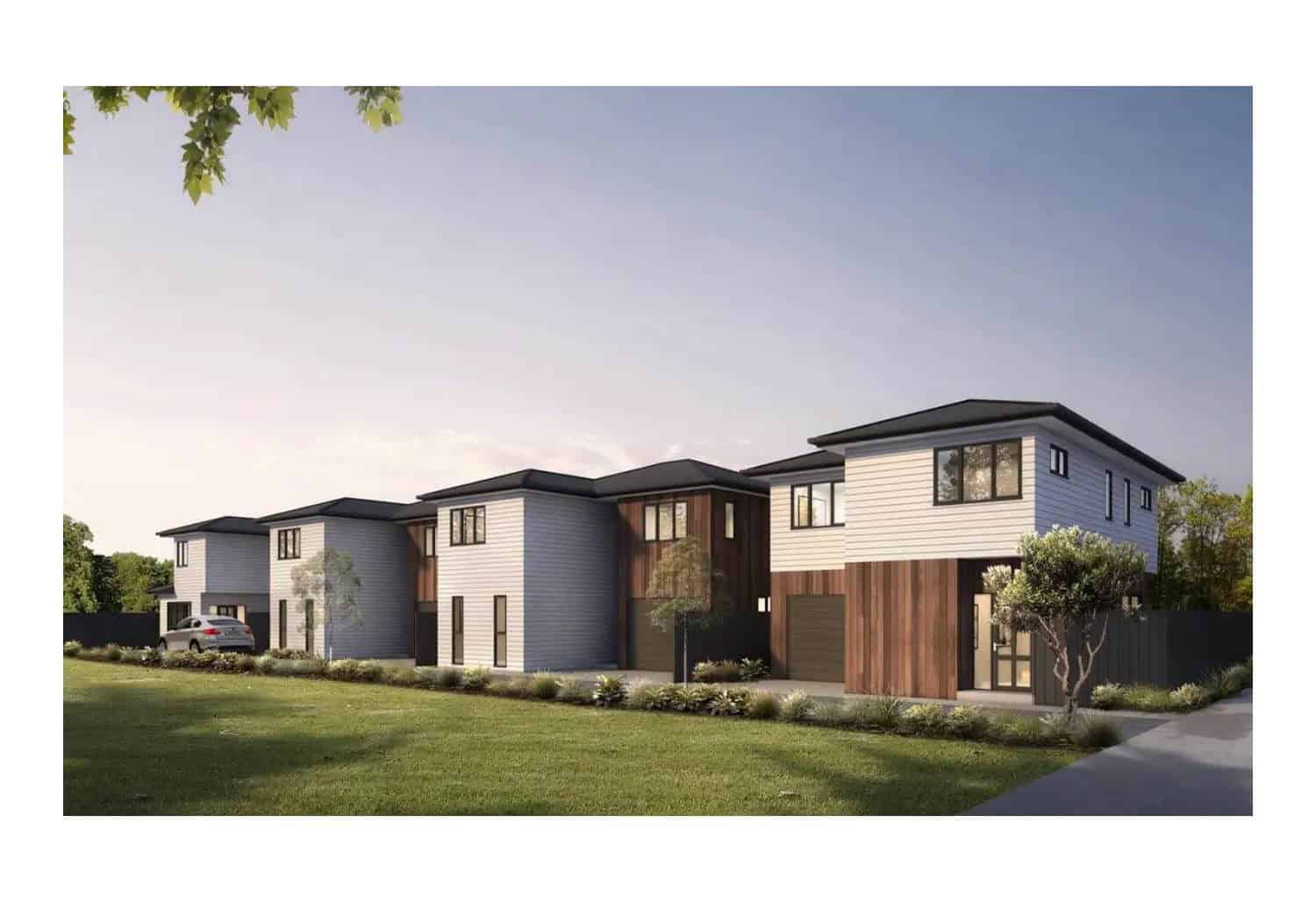 Design render of the four houses seen across the front lawn, New Lynn