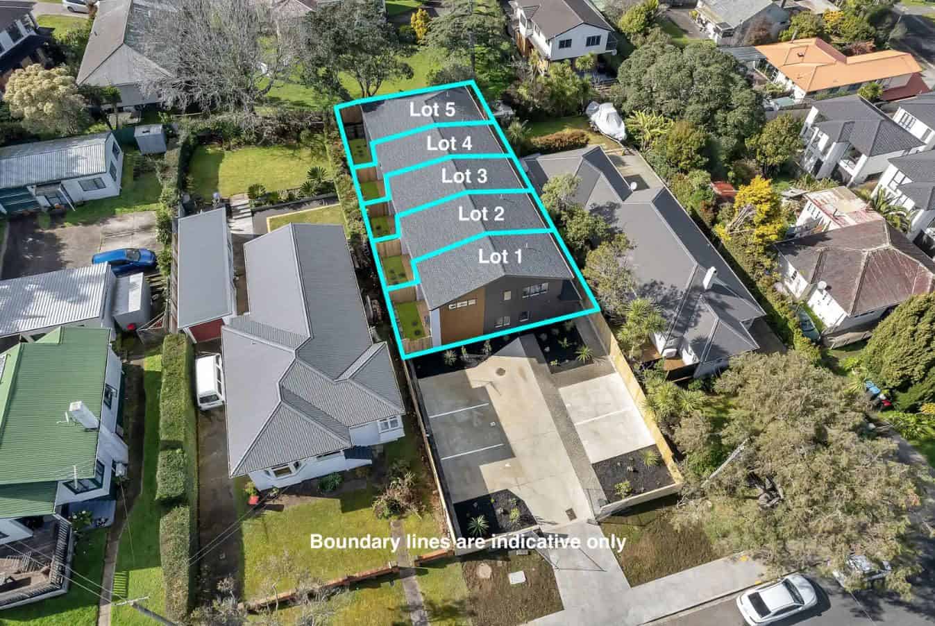 Aerial of the site with five lots marked out along the shared drive, New Windsor