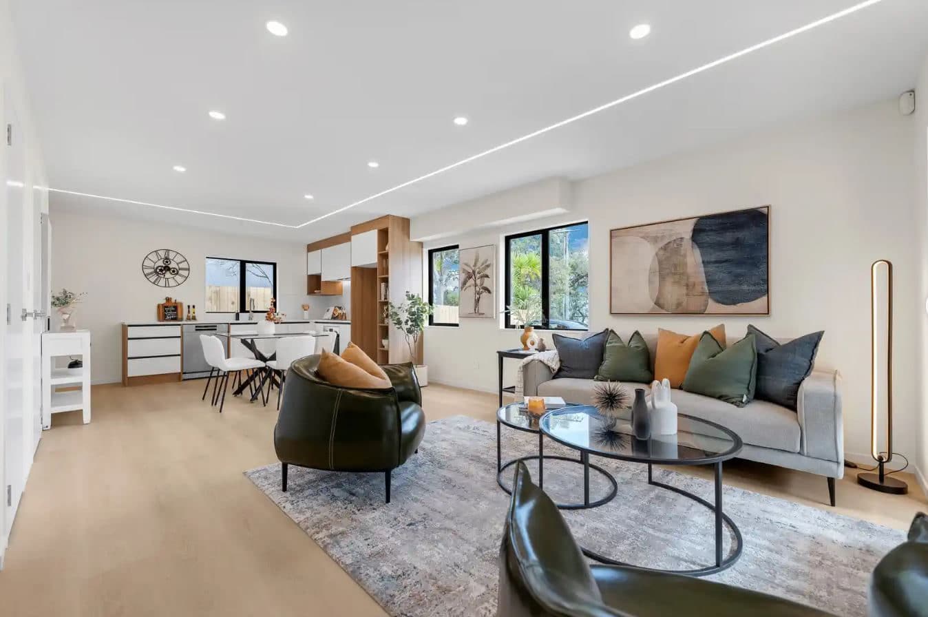 Open-plan living and dining looking through to the kitchen, New Windsor