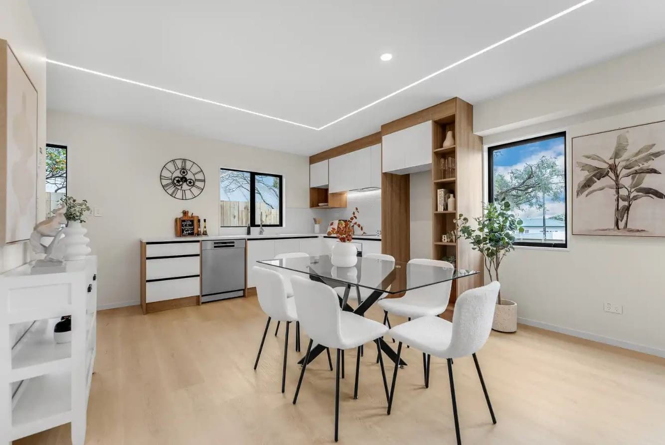 Dining table with the kitchen and open shelving behind, New Windsor