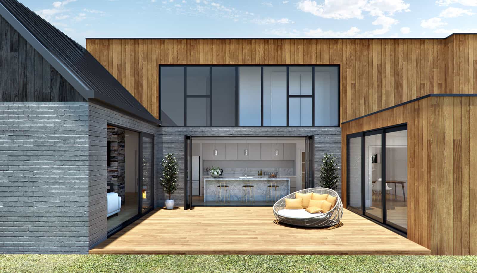 Design render of a two-storey rear extension in Pakuranga with a timber deck courtyard