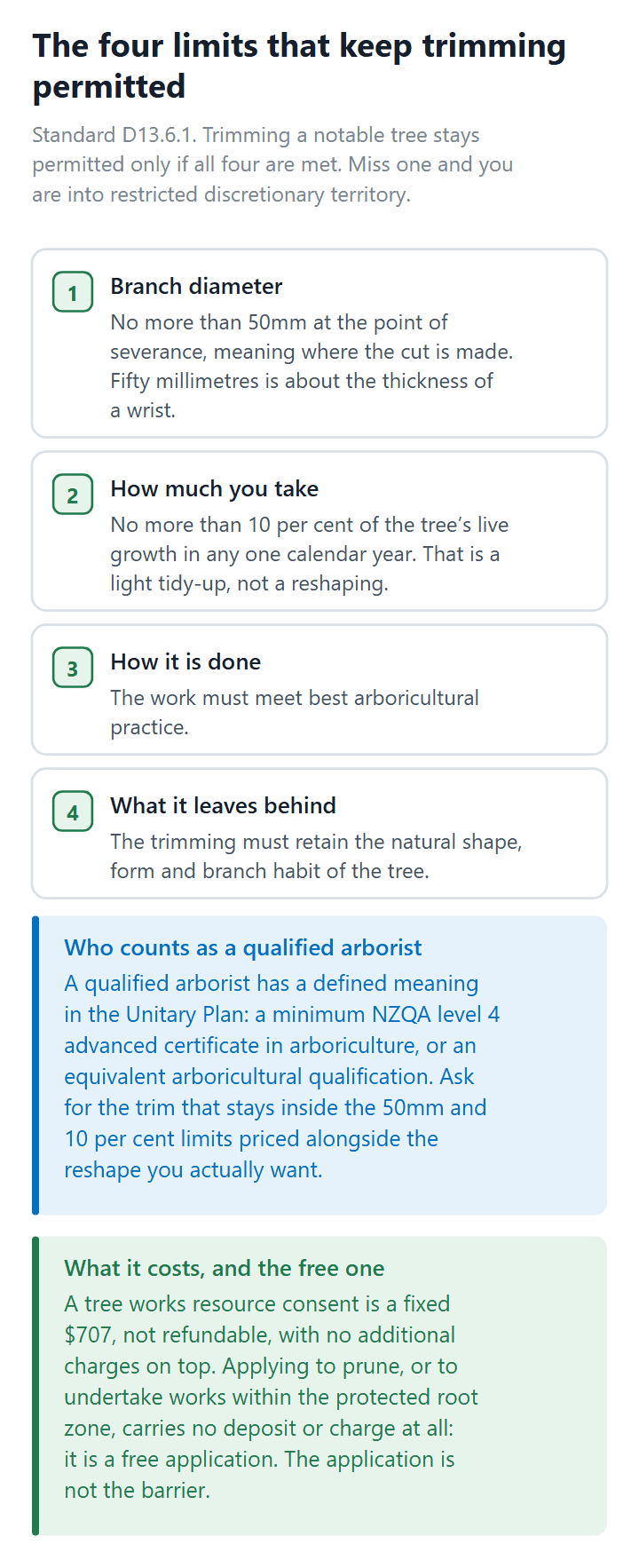 The four Standard D13.6.1 limits that keep trimming a notable Auckland tree a permitted activity
