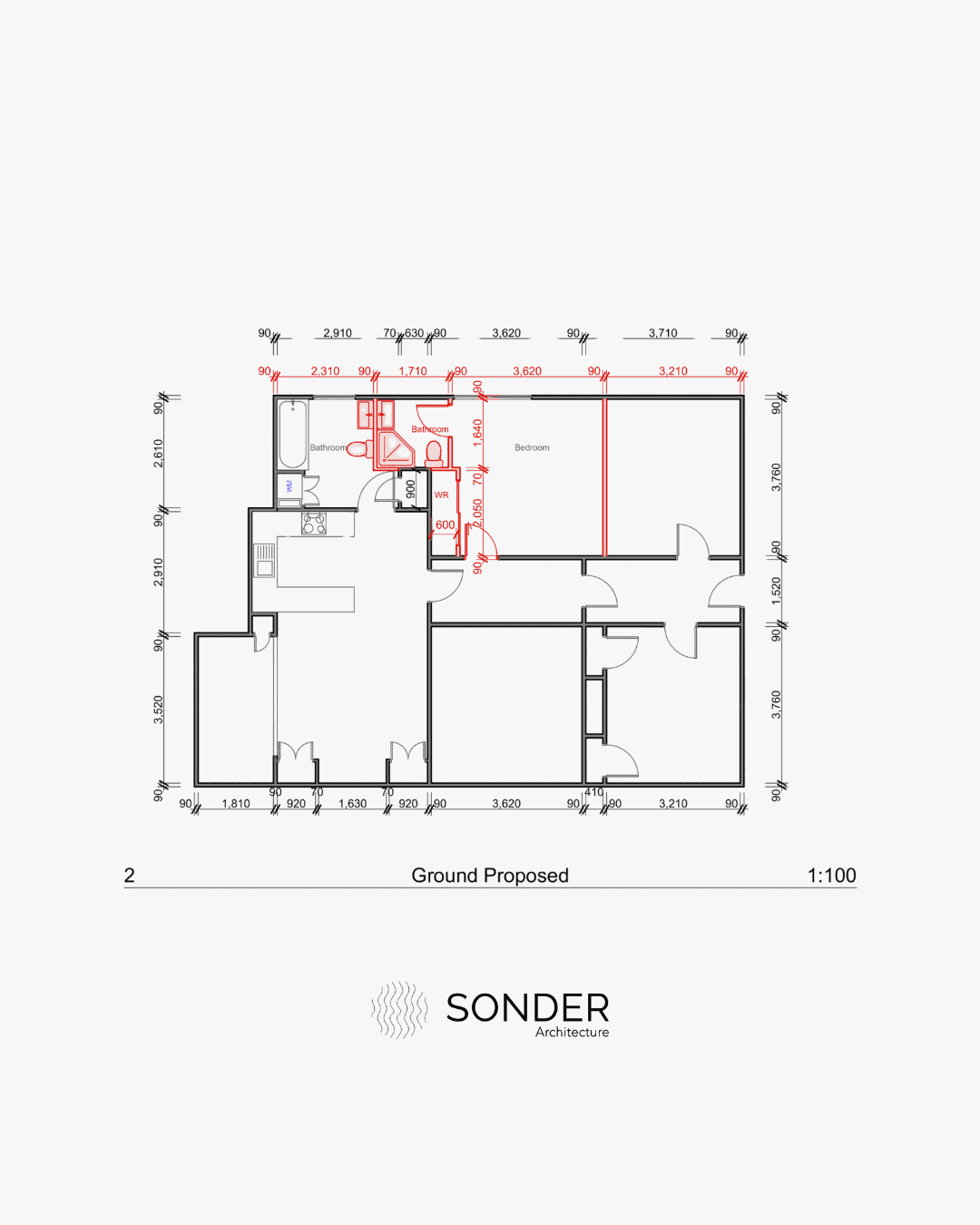 Proposed ground floor plan with a second bathroom in red, formed from the old wardrobe and part of the adjoining bedroom