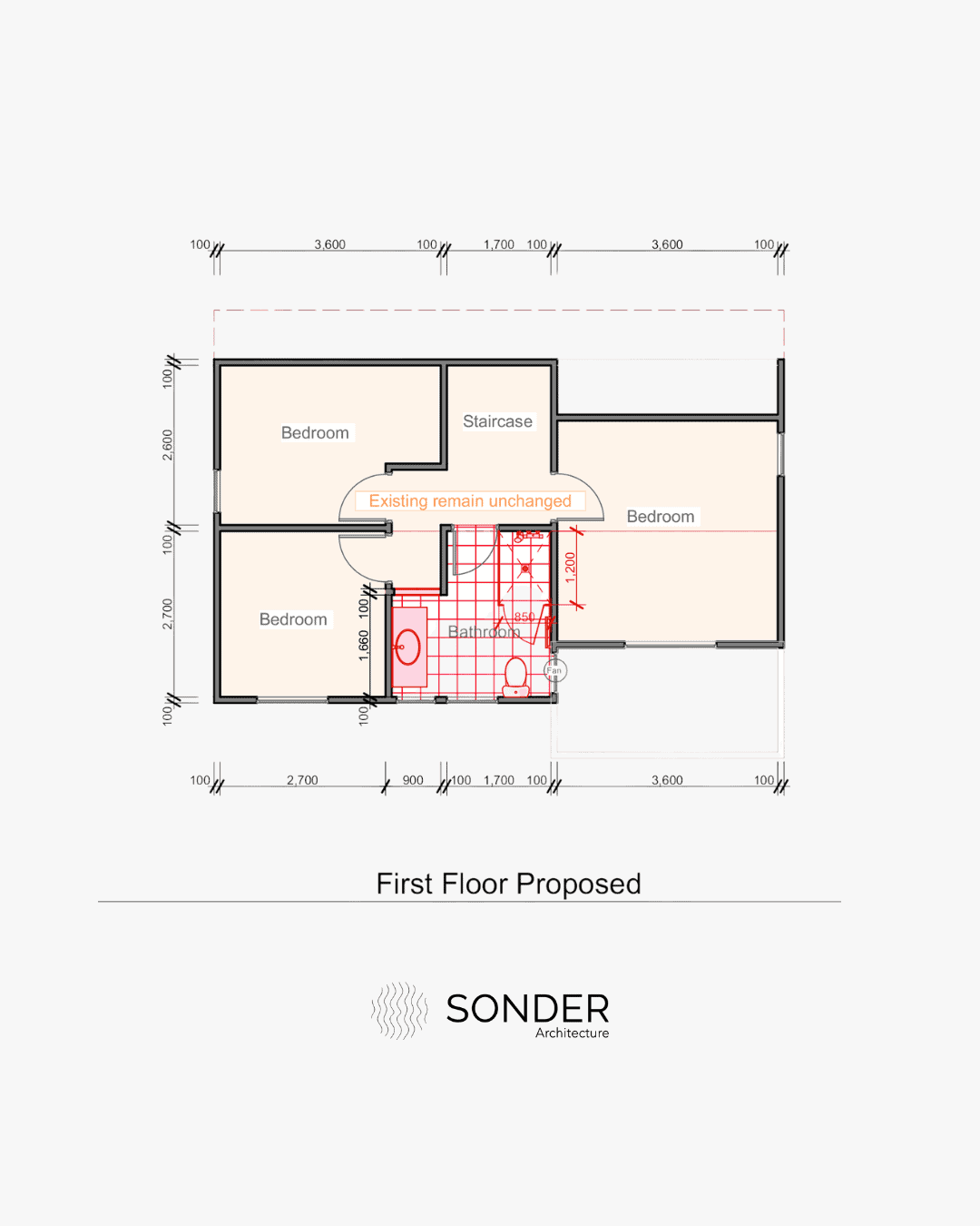 Proposed first floor plan with the bathroom reconfigured in red while the bedrooms are noted as unchanged