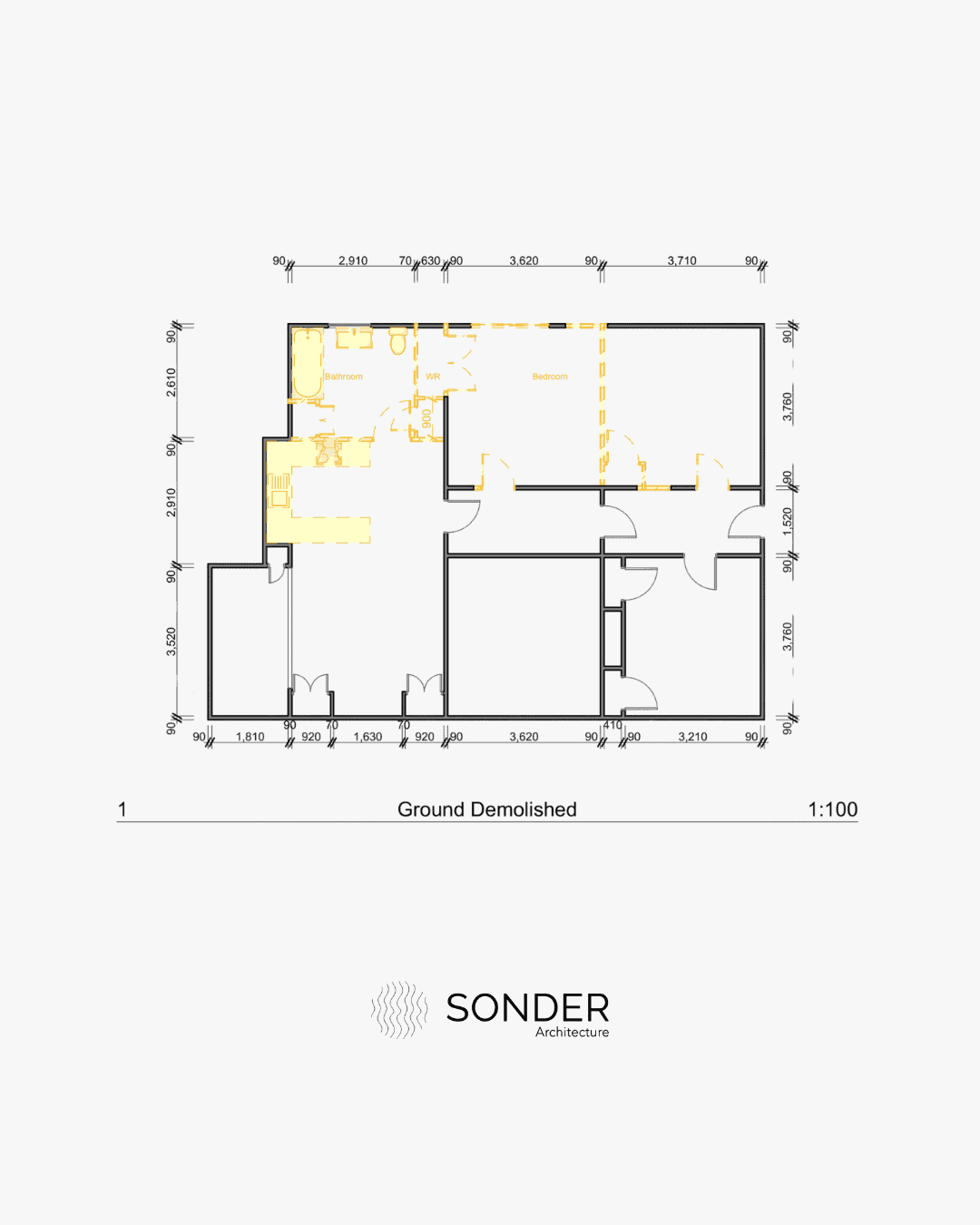 Existing ground floor plan before a full interior renovation, with demolition marked in yellow