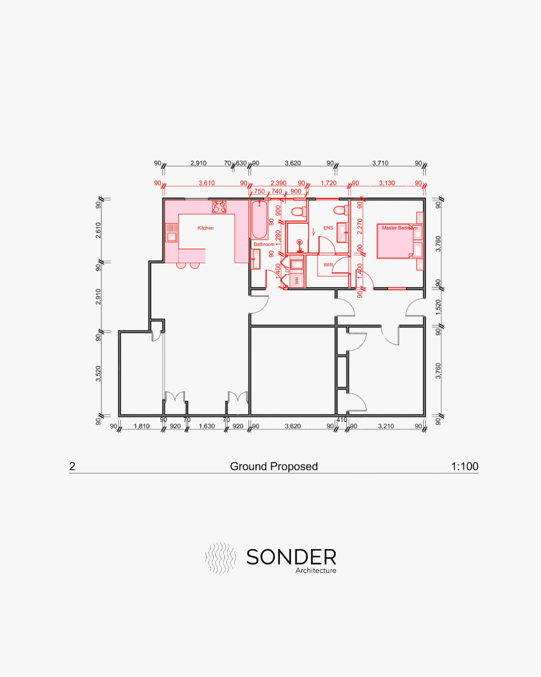 Proposed ground floor plan in red showing a relocated kitchen, rebuilt bathroom and laundry, and a master bedroom with ensuite and walk-in robe