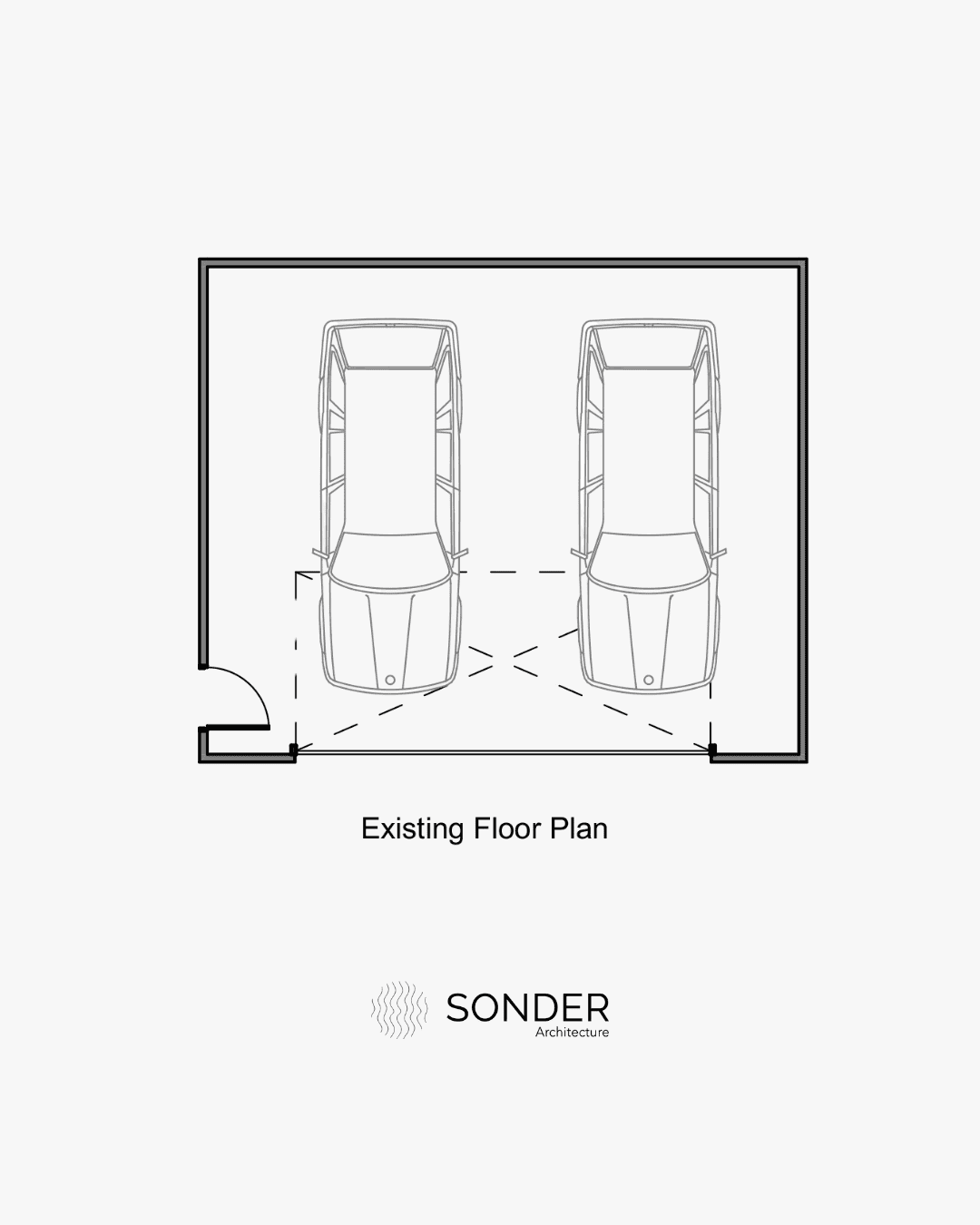 Existing floor plan of a double garage with two cars parked side by side and a single side door