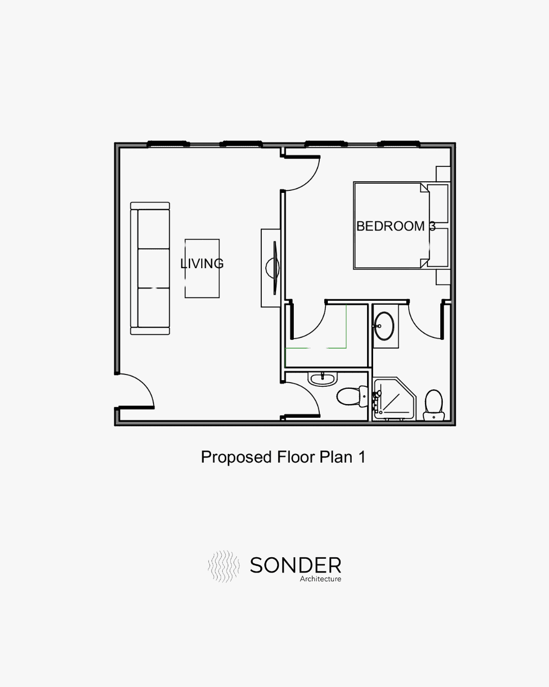 Proposed floor plan dividing the garage into a living room, a bedroom labelled Bedroom 3, a bathroom with shower and a separate toilet