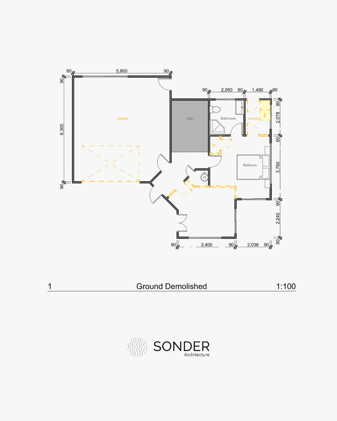 Existing ground floor plan with an attached double garage, demolition marked in yellow