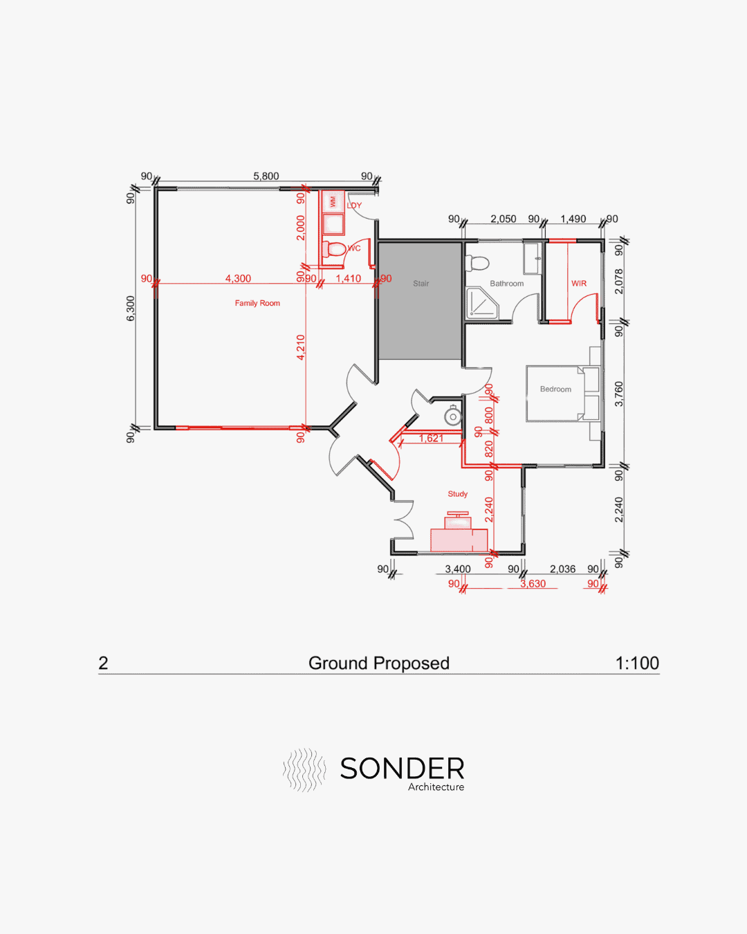Proposed ground floor plan in red with the garage converted to a family room and a new laundry, WC, walk-in robe and study