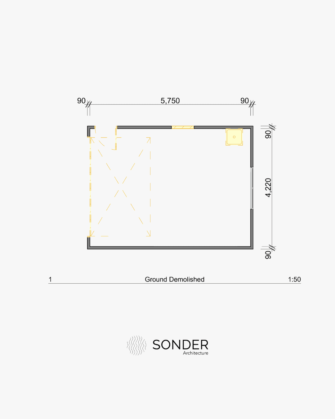 Existing floor plan of a standalone garage with the vehicle door, a window and a sink marked in yellow for removal