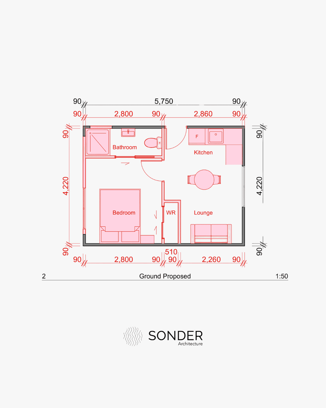 Proposed floor plan in red showing a bathroom, a bedroom with wardrobe, a kitchen with fridge space and sink, and a lounge with dining table