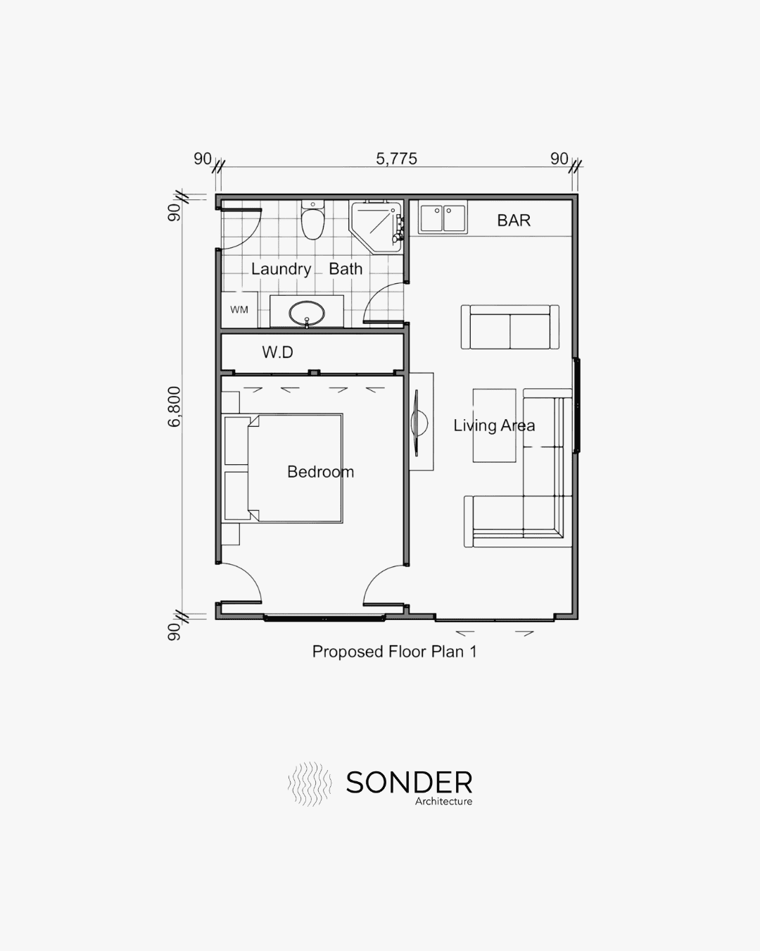 Proposed garage conversion option one, with a bedroom, living area, bathroom, laundry and bar