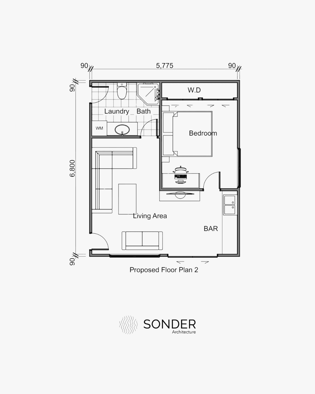 Proposed garage conversion option two, with the living area and bedroom positions swapped