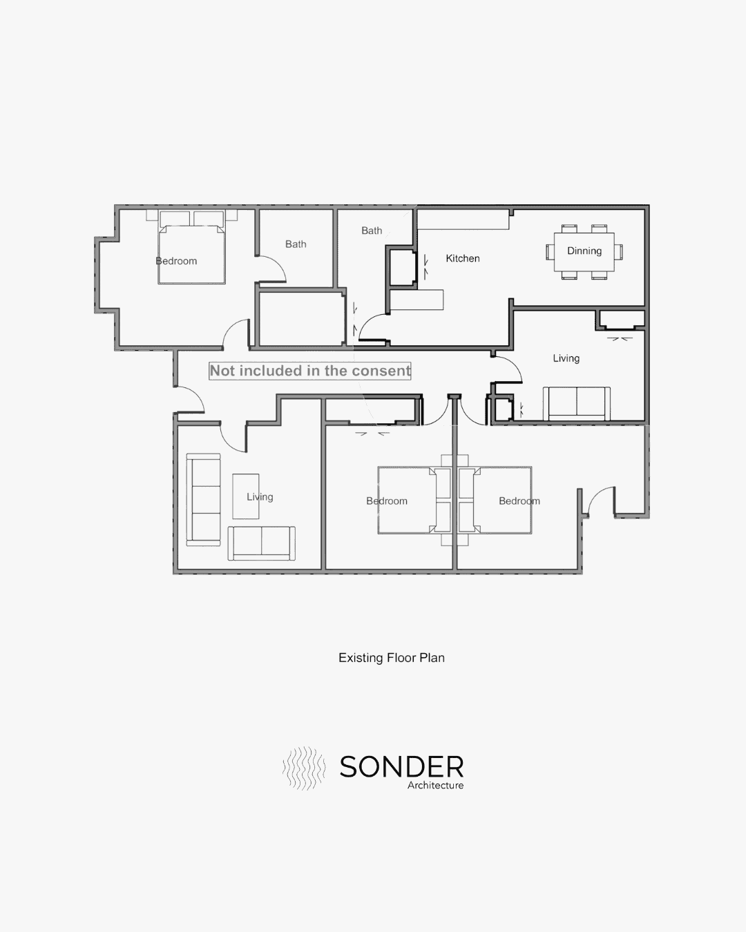 Existing floor plan with the kitchen closed off from the living and dining rooms