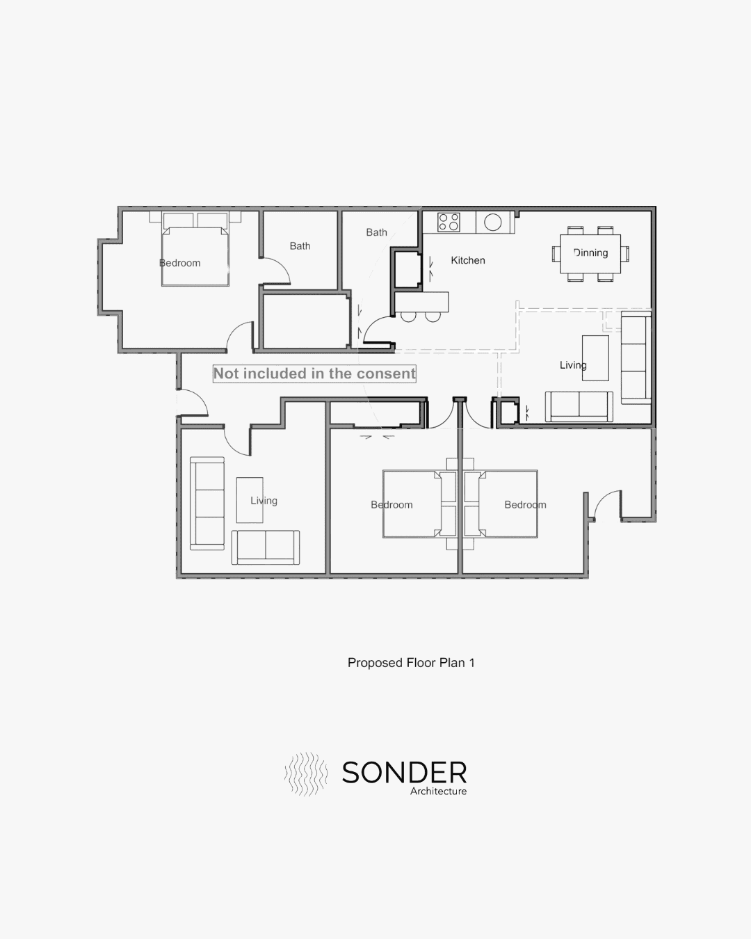 Proposed floor plan with the dividing wall removed and an island bench facing the open living and dining space