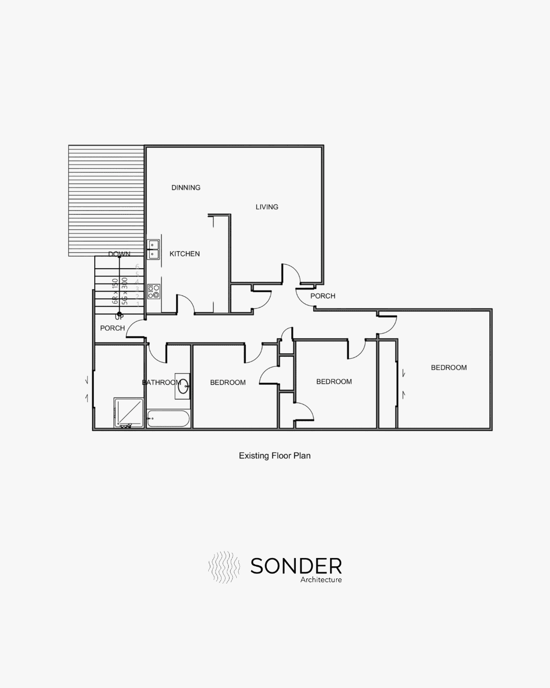 Existing floor plan of a compartmented house with a separate kitchen, dining and living and four bedrooms