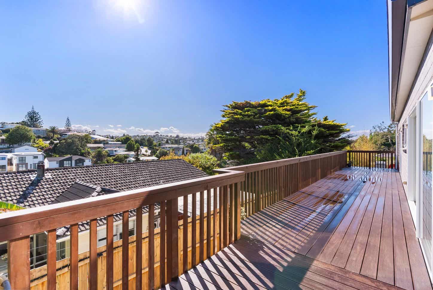 Timber deck with a slatted balustrade looking out over the neighbourhood, Sunnynook