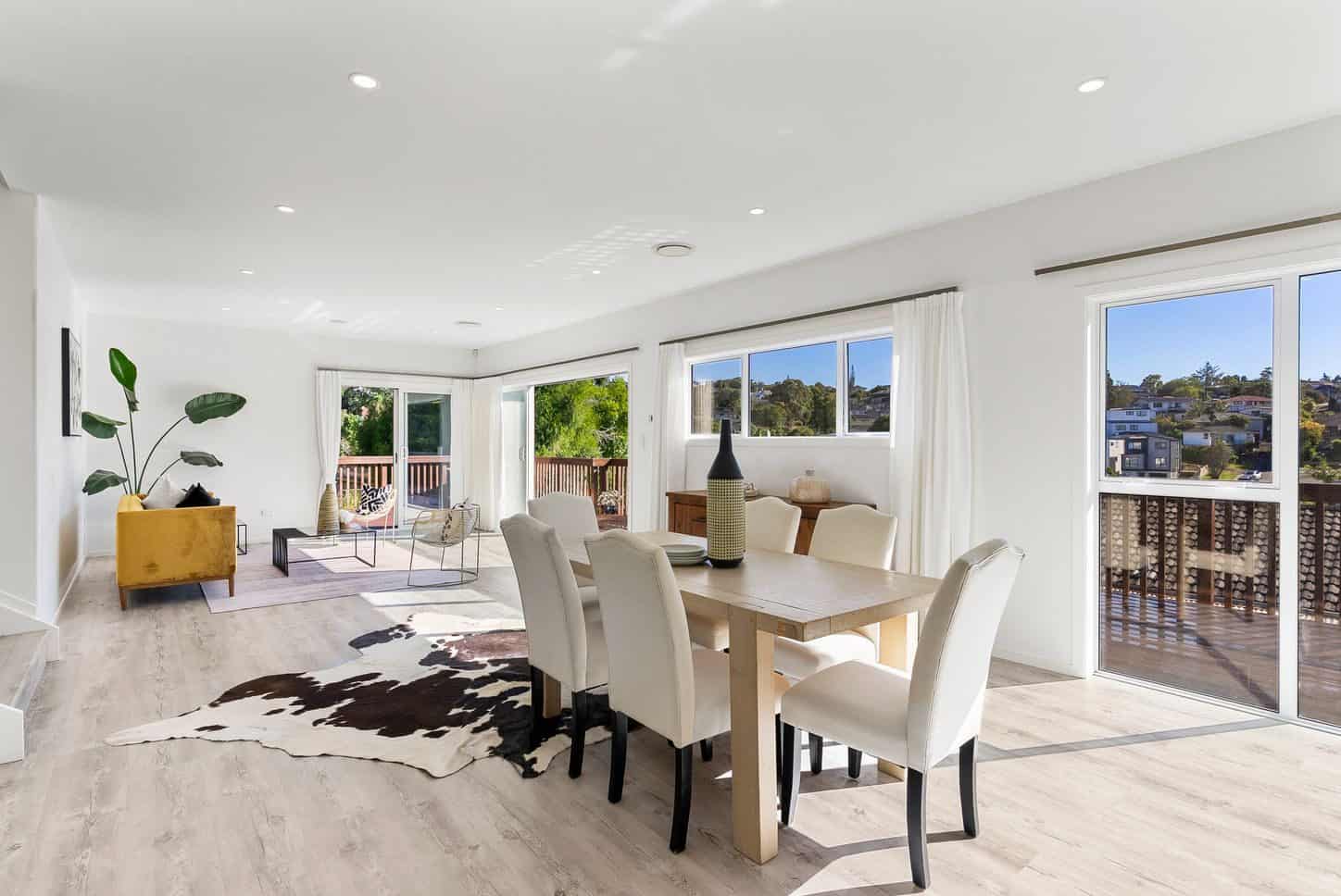 Dining table between the living area and the sliding doors to the deck, Sunnynook