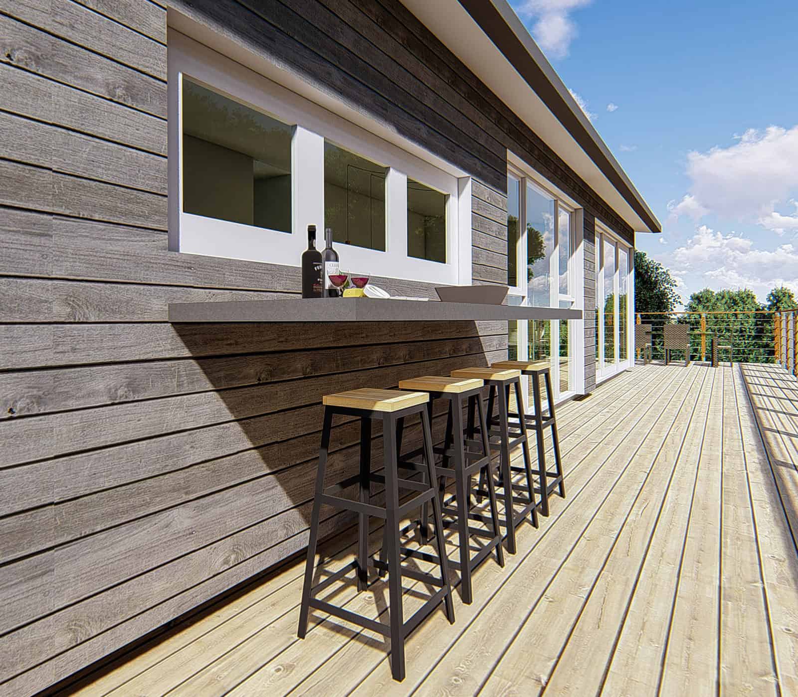 Design render of a deck with a bar leaner and stools against timber cladding, Sunnynook