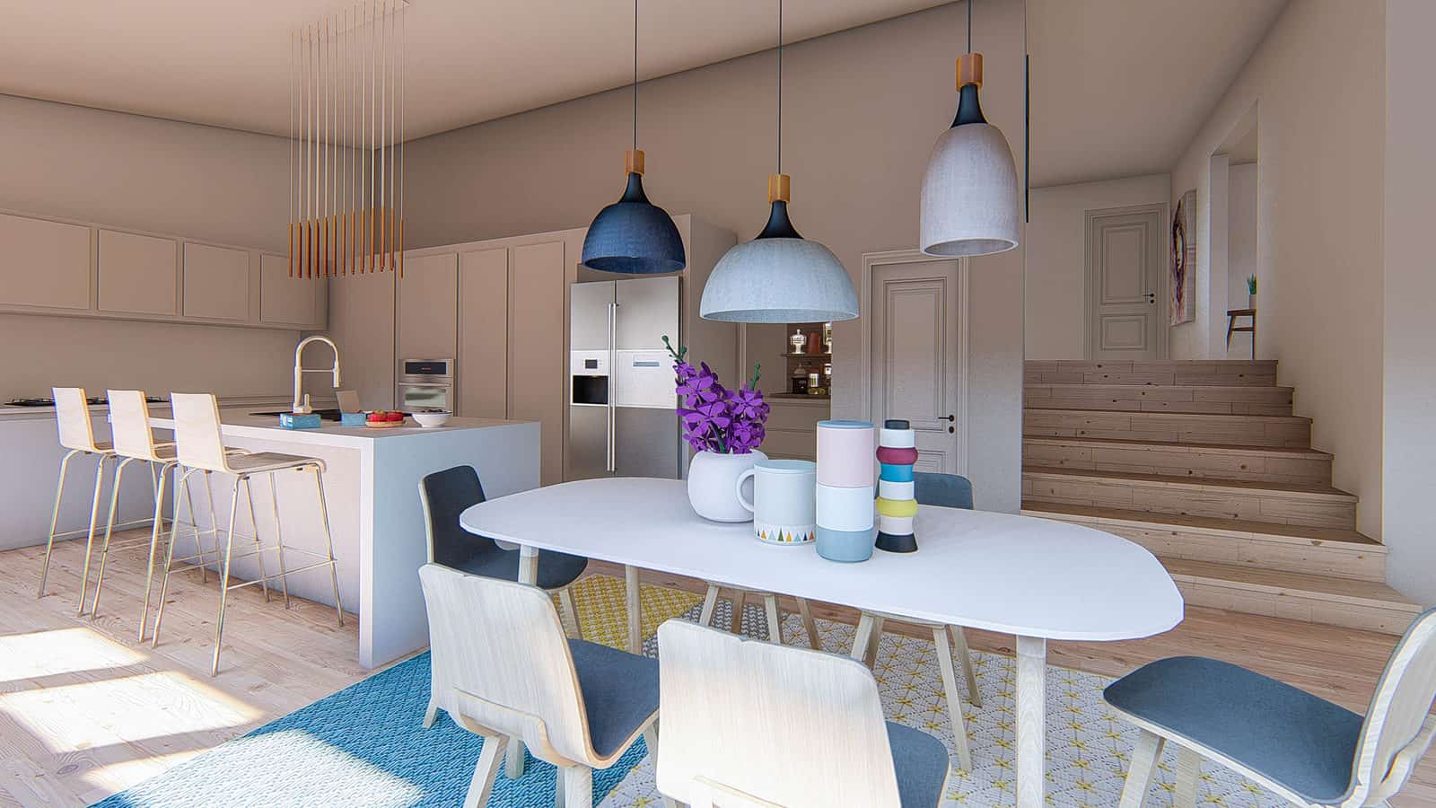Design render of a kitchen and dining area with pendant lights and a stair beyond, Sunnynook