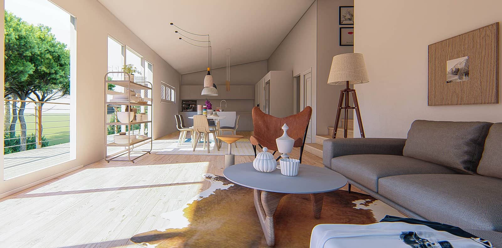 Design render of a living room with a raked ceiling and sliding doors to the deck, Sunnynook