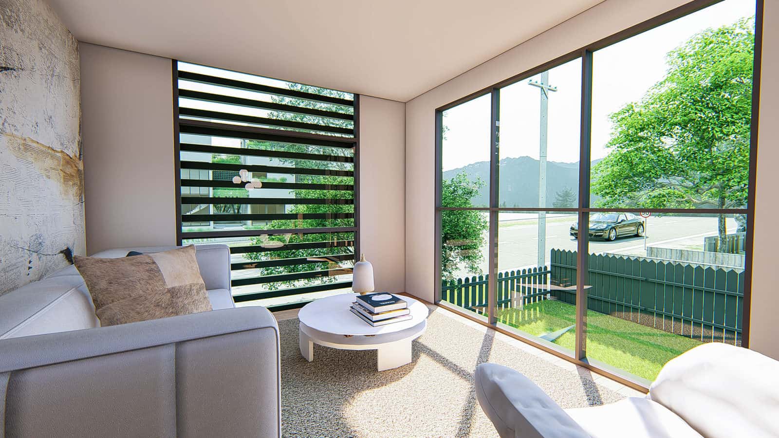 Design render of a living room with louvre windows opening onto a garden, Takapuna