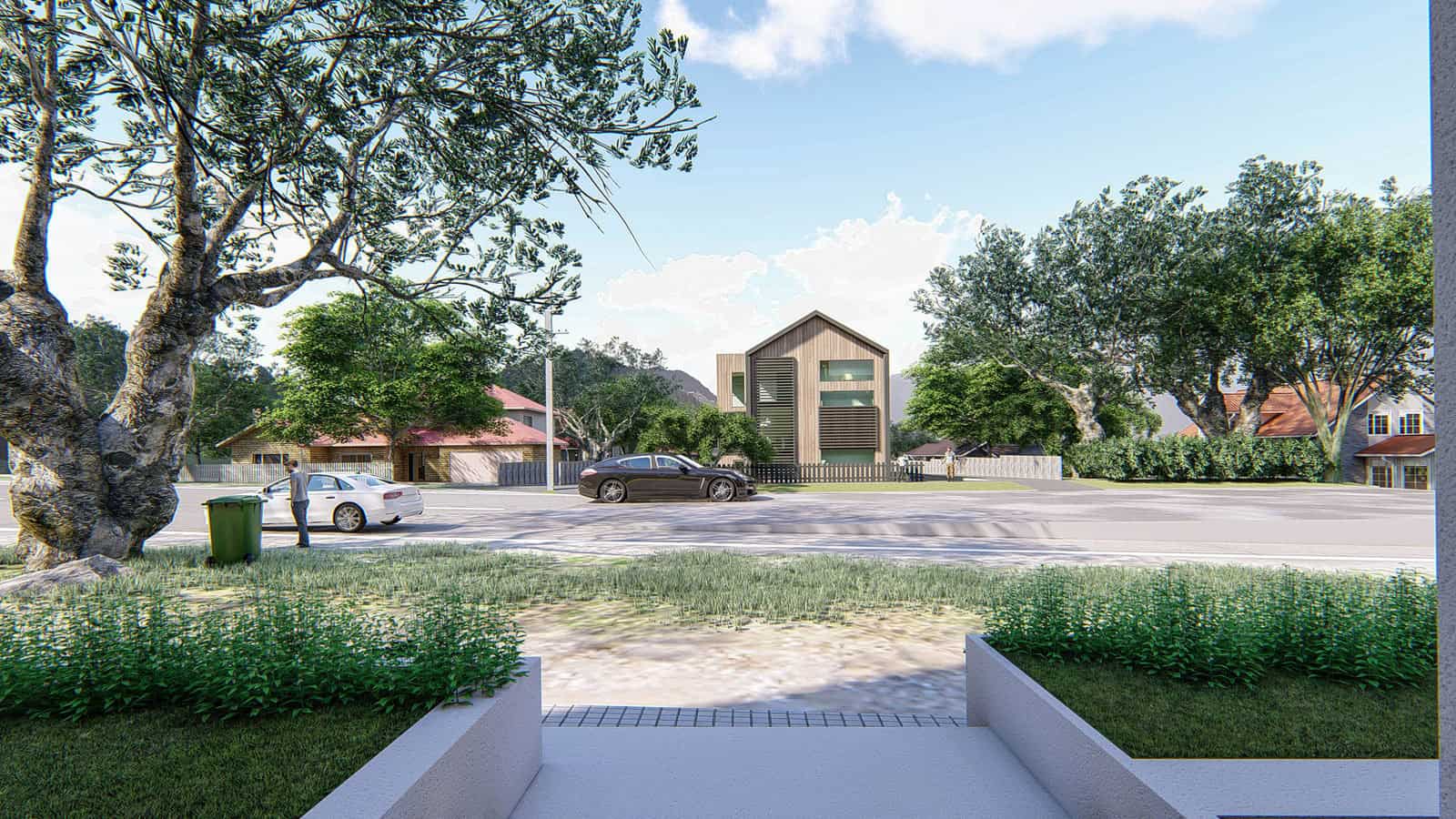 Design render of a terrace row seen from across the street, Takapuna