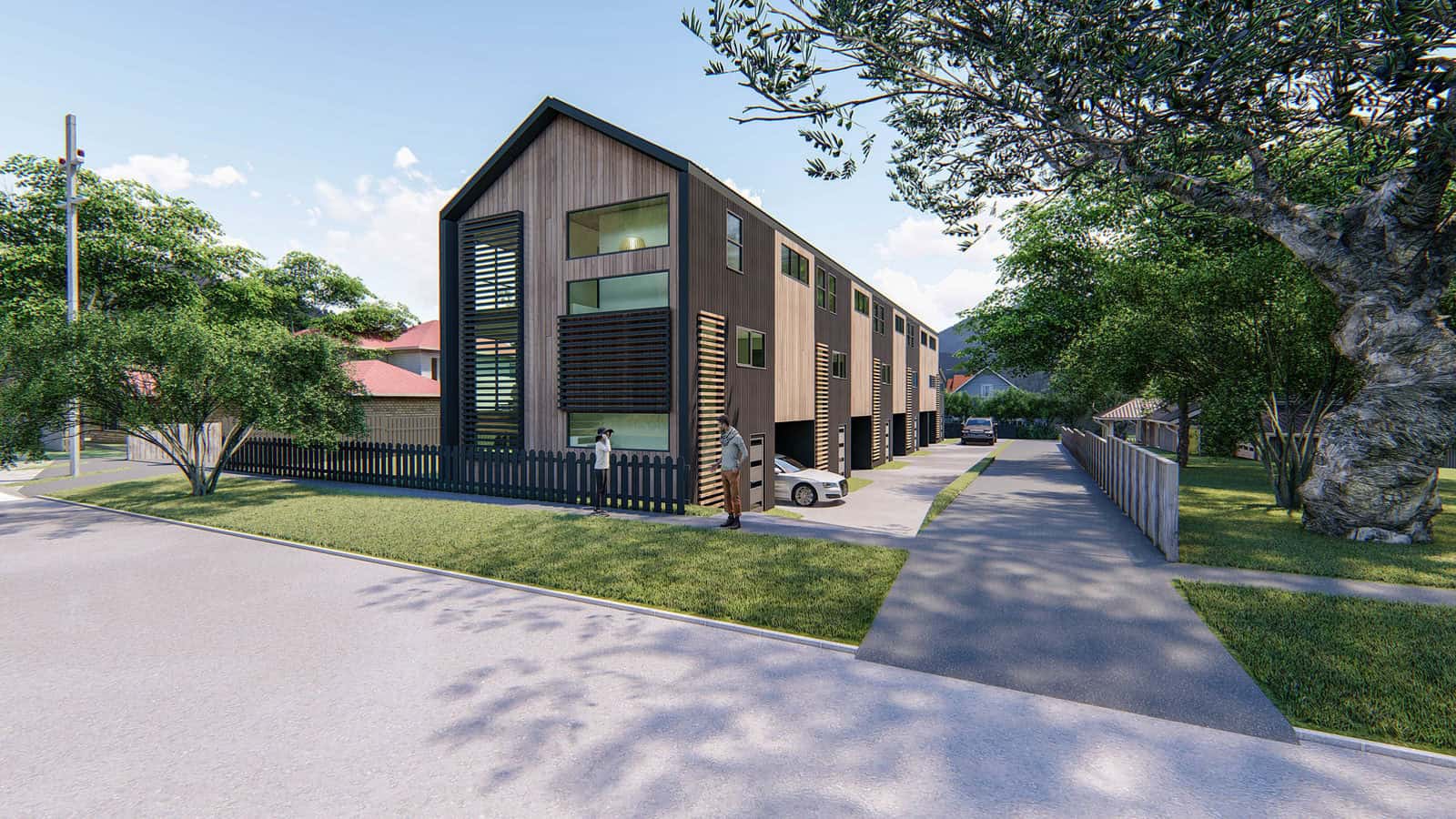 Design render of a terrace row along its shared drive, Takapuna